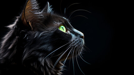 Side View of Black Cat's Face on a Dark Background.