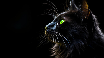 Side View of Black Cat's Face on a Dark Background.