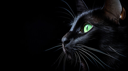 Side View of Black Cat's Face on a Dark Background.