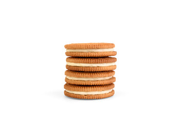 Stack of shortbread cookies with coconut filling isolated on white background.