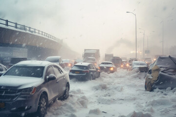 Snow storm on the highway, traffic jam on bad weather conditions - obrazy, fototapety, plakaty