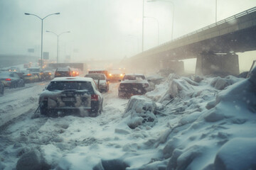 Fototapeta premium Snow storm on the highway, traffic jam on bad weather conditions