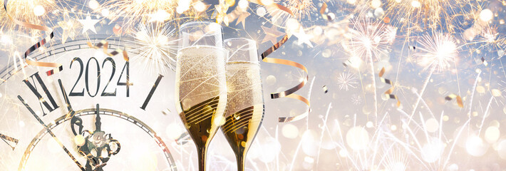 New Year's Eve 2024 Celebration Background with Champagne - 671085474