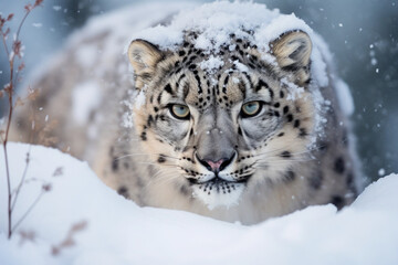 Fototapeta na wymiar Snow leopard portrait in snow close up