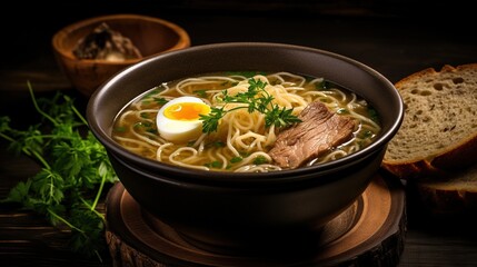  a bowl of soup with meat, noodles and an egg.  generative ai