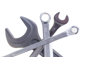 Spanners. Many wrenches. Industrial background. Set of wrench, isolated on white