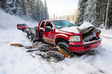 Crashed pickup truck on the road in snow