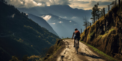 Woman on mountain bike, riding down hillside.