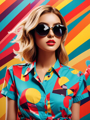 Fashion portrait of elegant confident woman wearing trendy orange sunglasses, green earrings, colorful blouse, with fuchsia lips makeup, posing on blue background.