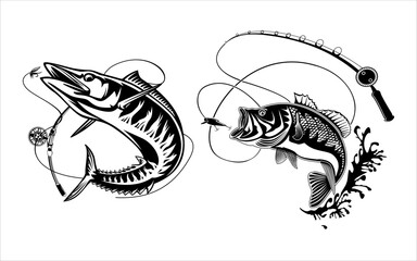 black and white fishing club logo vector - obrazy, fototapety, plakaty