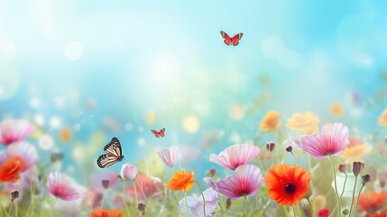 Fototapeta na wymiar a field full of flowers with a butterfly flying over them. generative ai