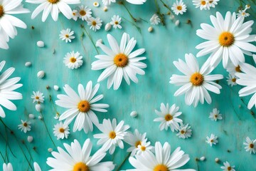 Obraz premium A subtle blur filter is used to frame a beautiful floral natural blue turquoise background with white daisies