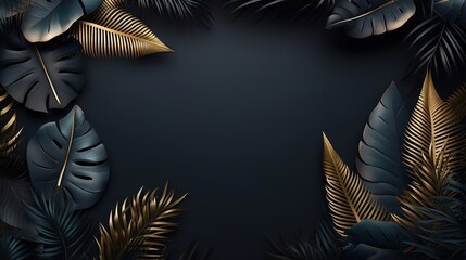  a black background with gold leaves and a black background with gold leaves.  generative ai