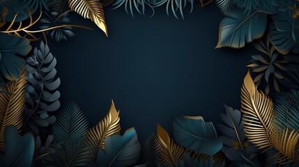  a dark blue background with gold leaves and a black background.  generative ai