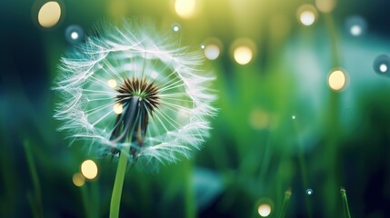  a dandelion in a field of grass with the sun shining.  generative ai