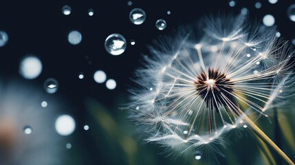  a dandelion with drops of water on a black background.  generative ai
