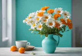 Daisy flowers bouquet in orange vase on white wooden coffee table near turquoise wall background
