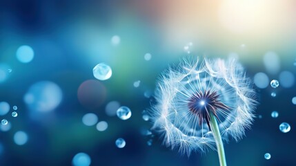  a dandelion with drops of water on a blue background.  generative ai