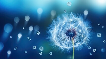  a dandelion with drops of water on a blue background.  generative ai