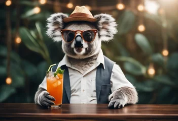 Foto op Plexiglas Funny koala wearing summer straw hat and stylish sunglasses holding glasses with cocktail drinks © ArtisticLens