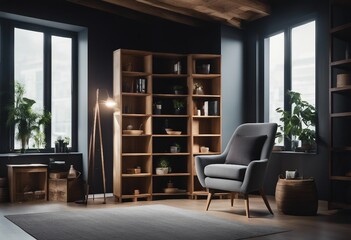 Grey barrel chair against of window and wooden shelving unit and cabinet on dark wall Scandinavian 