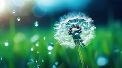  a dandelion in the grass with water droplets on it.  generative ai