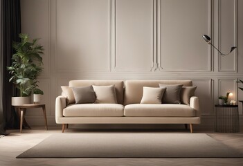 Minimalist home interior design of modern living room Beige velvet sofa and floor lamp against wall