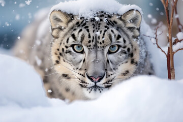 Fototapeta na wymiar Snow leopard portrait in snow close up
