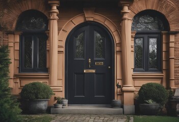 Fototapeta premium Main entrance door in house Wooden front door with gabled porch and landing Exterior of Georgian style