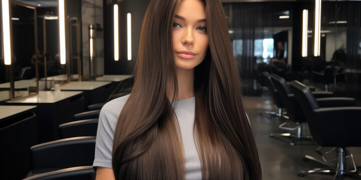 Young woman with long straight beautiful brown hair 