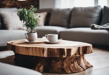 Rustic live edge tree stump accent coffee table near white corner sofa Scandinavian home interior design