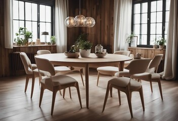 Rustic round table and beige fabric chairs in spacious room with paneling wall Scandinavian interior