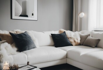 Scandinavian hygge home interior design of modern living room Cozy white sofa with pillows and blanket