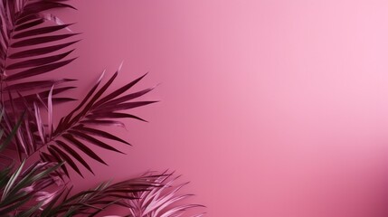  a pink background with palm leaves on the left side of the image.  generative ai