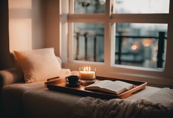 Fototapeta na wymiar Stylish and cozy reading nook Pillows and wooden tray with burning candle on a sofa against window