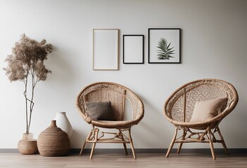 Wicker chair and floor vases near the white wall with blank mockup poster frame Boho interior design
