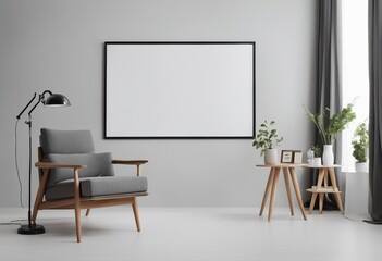 Wooden chair and gray sofa near white wall with big mock up poster frame on white wall Scandinavian - obrazy, fototapety, plakaty