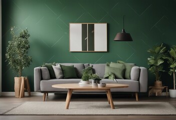 Wooden coffee table and lounge chair near gray sofa against green wall Scandinavian home interior design