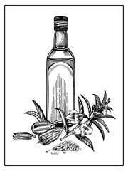 Composition with a bottle of sesame oil and a sprig with leaves and flower, sesame seeds