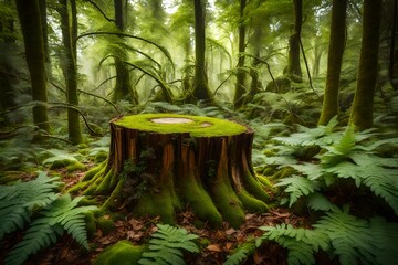 Sawed wood stump in a lush, fern- and moss-covered woodland
