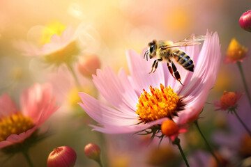 Honey bee collecting nectar and pollen from a colorful wildflower on a meadow on a sunny day morning - obrazy, fototapety, plakaty