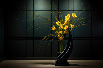 creative yellow flower arrangements in dark setting in modern vase  - obrazy, fototapety, plakaty