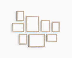 Gallery wall mockup set, 8 birch wooden frames. Modern frame mockup. Horizontal, vertical frames, 4x6 (2:3), 6x4 (3:2), 5x7 (5:7), 7x5 (7:5), 8x10 (4:5), 10x8 (5:4) inches. White wall.