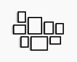 Gallery wall mockup set, 8 black frames. Modern frame mockup. Horizontal, vertical frames, 4x6 (2:3), 6x4 (3:2), 5x7 (5:7), 7x5 (7:5), 8x10 (4:5), 10x8 (5:4) inches. White wall.