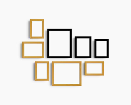 Gallery wall mockup set, 8 black and yellow oak wood frames. Modern frame mockup. Horizontal, vertical frames, 4x6 (2:3), 6x4 (3:2), 5x7 (5:7), 7x5 (7:5), 8x10 (4:5), 10x8 (5:4) inches. White wall.