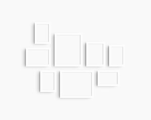 Gallery wall mockup set, 8 white frames. Modern frame mockup. Horizontal, vertical frames, 4x6 (2:3), 6x4 (3:2), 5x7 (5:7), 7x5 (7:5), 8x10 (4:5), 10x8 (5:4) inches. White wall.