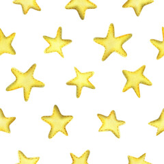 Fototapeta na wymiar Yellow stars sewn from fabric with thread stitches. Watercolor illustration, hand drawn. Seamless pattern on a white background