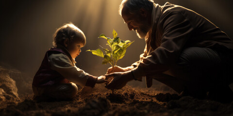Grandad helping to plant a tree with his young grandson 