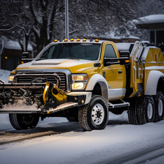 Yellow pickup towing truck on the winter road