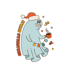 Groovy retro Christmas White sheet spook Character with vintage text Christmas spirit. Holiday Spirit spreading Festive Funk with garland and hot beverage. Contour flat vector hand drawn illustration.
